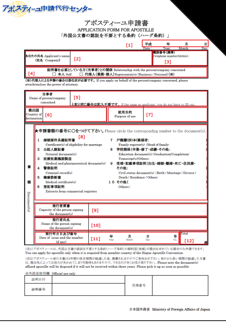 アポスティーユ申請書書き方