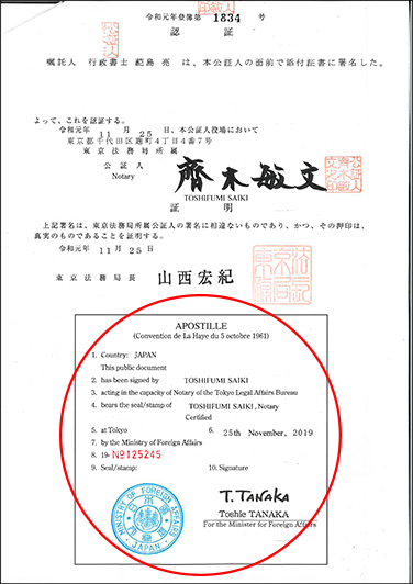 公証役場でワンストップサービスを利用してアポスティーユを取得した際に添付される認証用紙